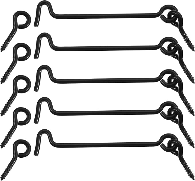 【5本セット】キャビンフック 4インチ (約10cm) あおり止め 金具 ドアフック 固定金具 木造用 門扉 窓 扉 ゲート ガレージ 室内用 防風 盗難防止 ネジ付き ブラック 炭素鋼製