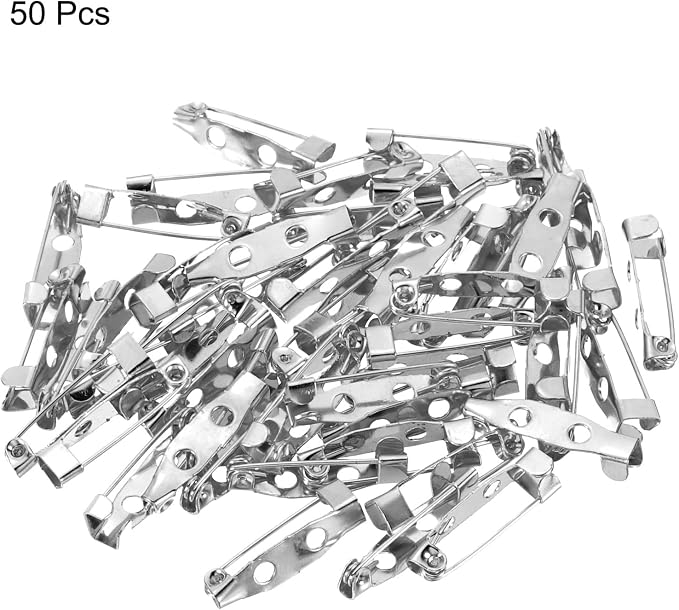 【50個セット】 安全ピン ブローチピン コサージュピン 20mm×5mm 貼り付け・縫い付け用 バックピン IDバッジ 名札 DIY 手芸用 シルバー色